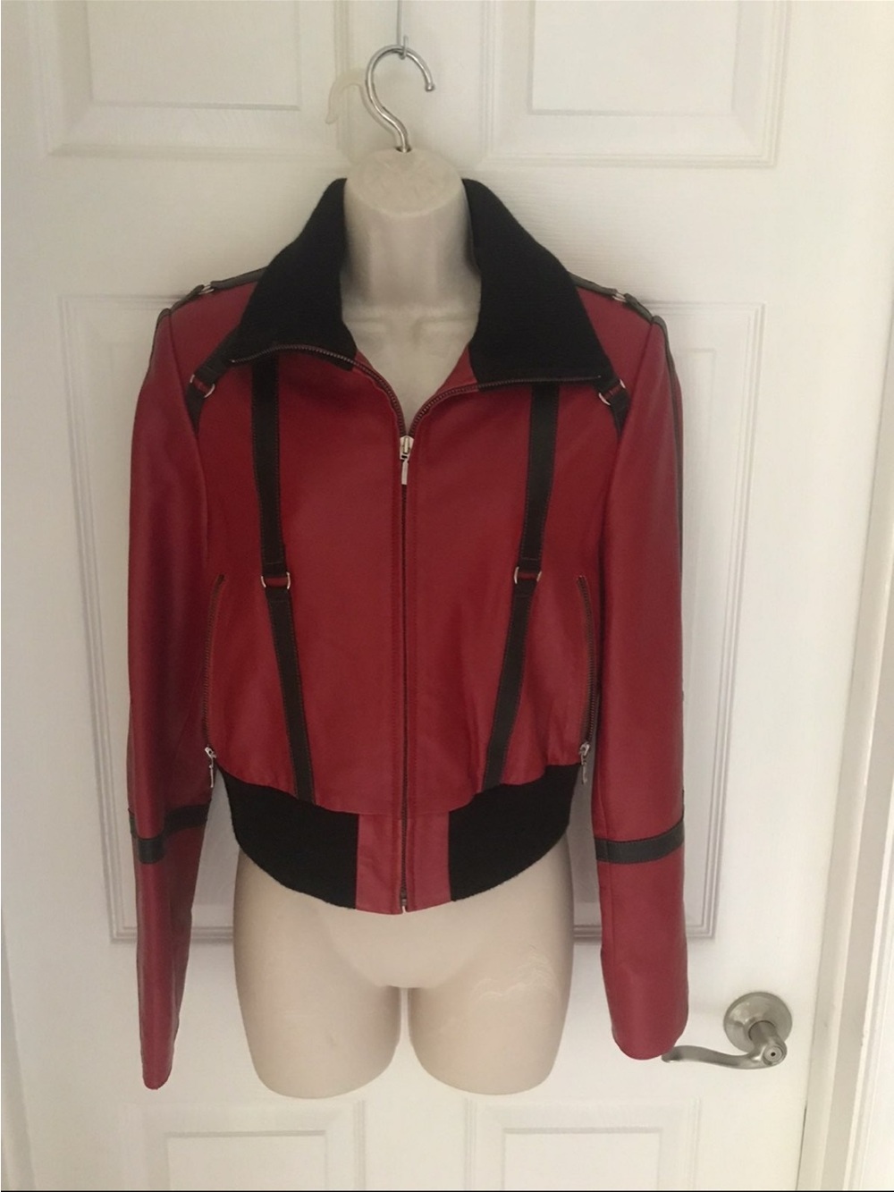 Erez Women's Red Leather Bomber Crops Jacket with black stripes Small